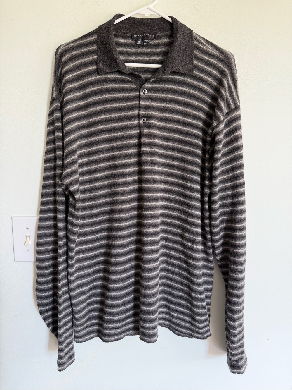 Jhane Barnes Gray Striped Long-Sleeve Polo Alpaca & Silk